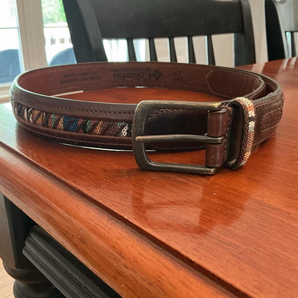 Columbia Brown Leather Belt Sz 32 Woven Inlay Brass Buckle  Southwestern Aztec